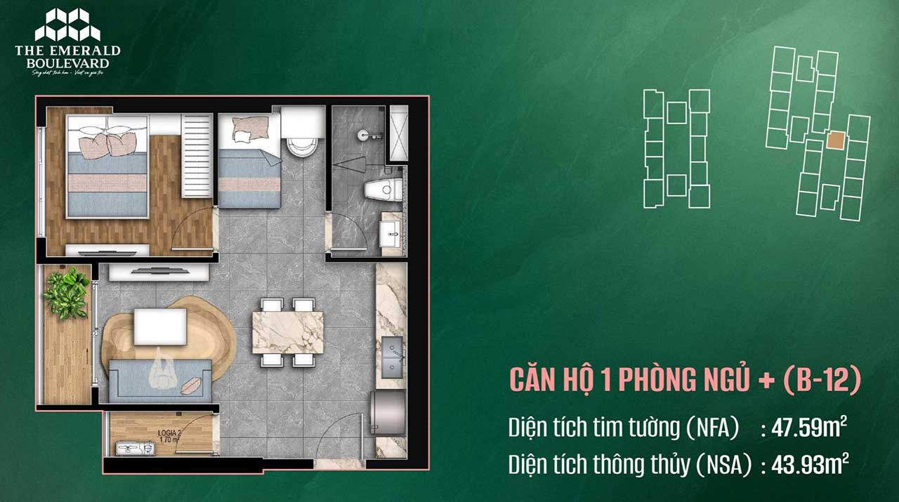 Layout căn hộ 1 phòng ngủ The Emerald Boulevard
