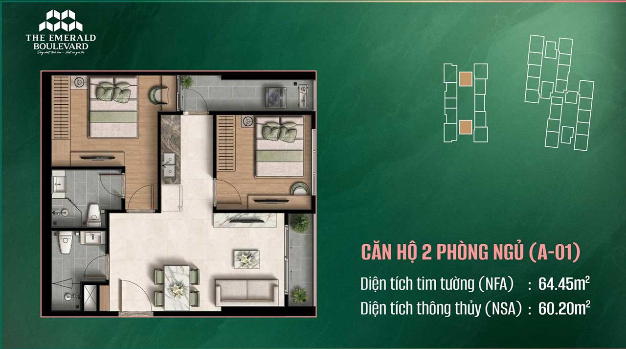Layout căn hộ 2 phòng ngủ The Emerald Boulevard