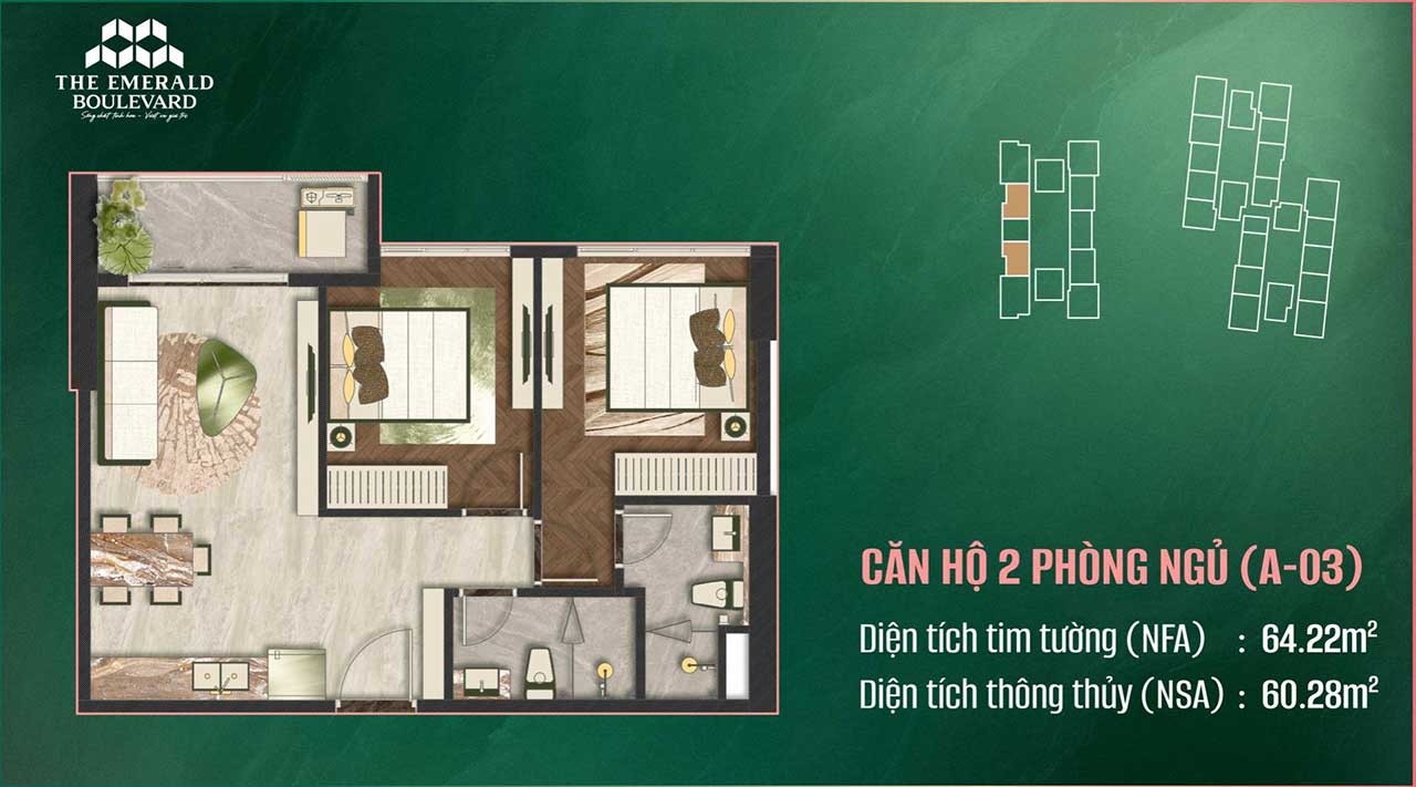 Layout căn hộ 2 phòng ngủ The Emerald Boulevard