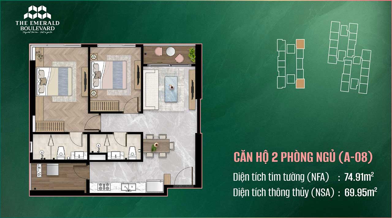 Layout căn hộ 2 phòng ngủ The Emerald Boulevard