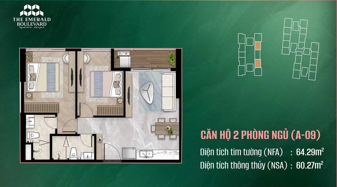 Layout căn hộ 2 phòng ngủ The Emerald Boulevard