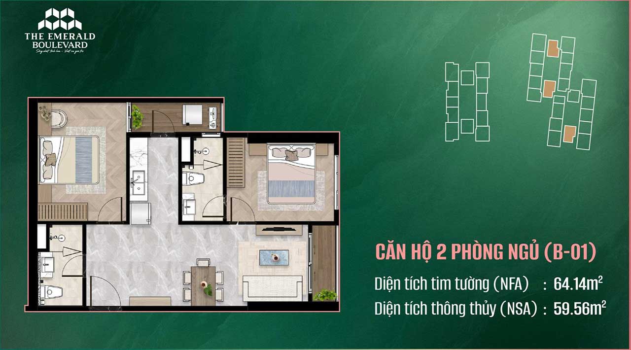 Layout căn hộ 2 phòng ngủ The Emerald Boulevard