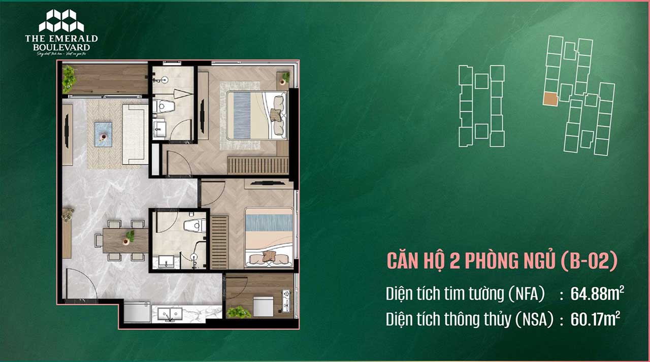 Layout căn hộ 2 phòng ngủ The Emerald Boulevard