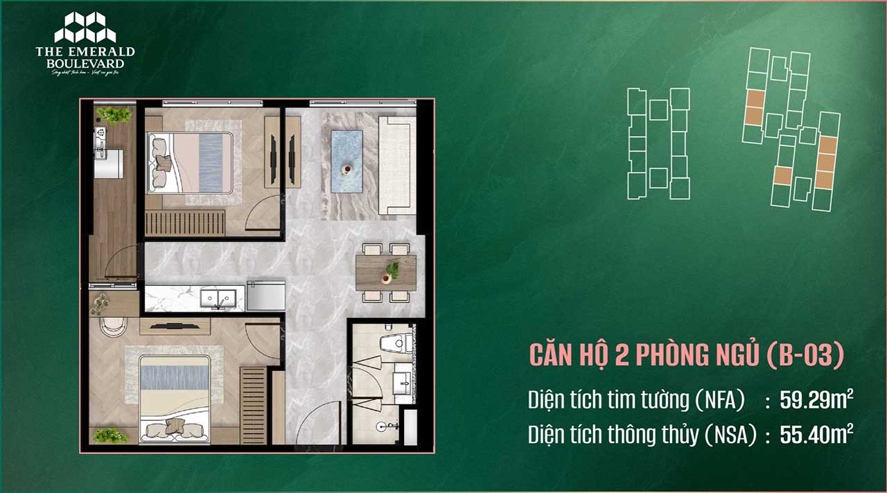 Layout căn hộ 2 phòng ngủ The Emerald Boulevard