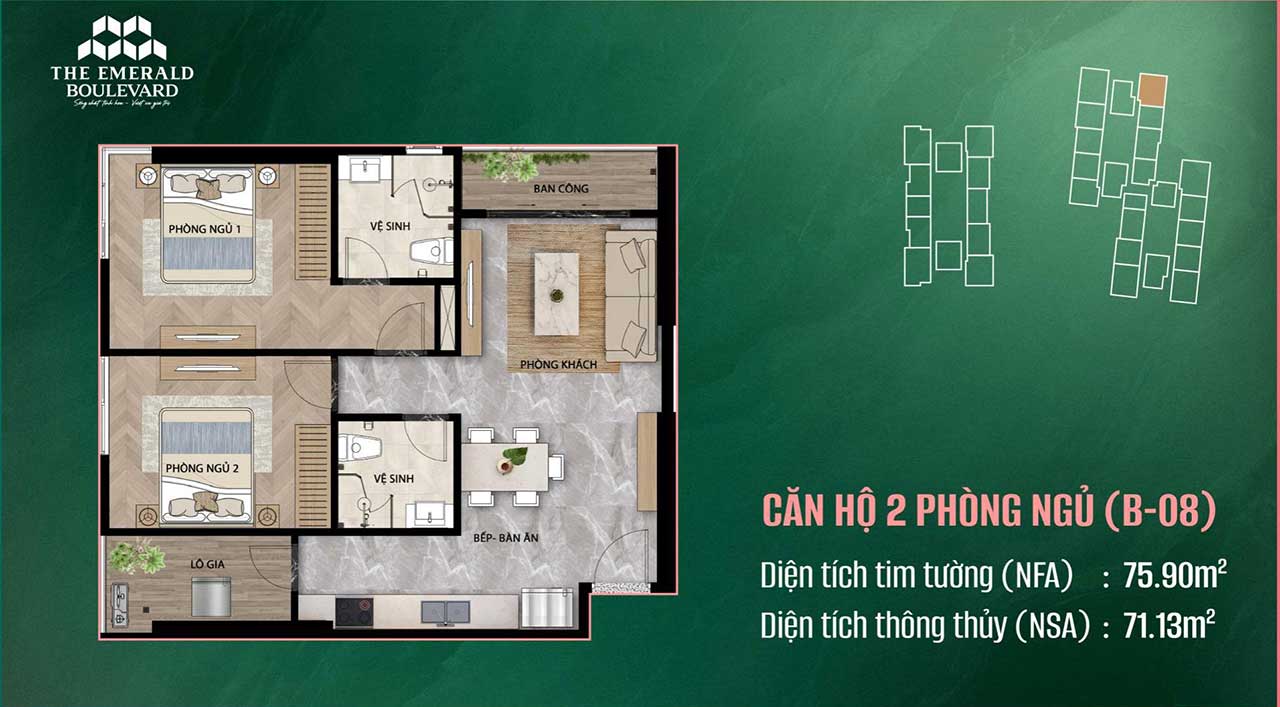 Layout căn hộ 2 phòng ngủ The Emerald Boulevard