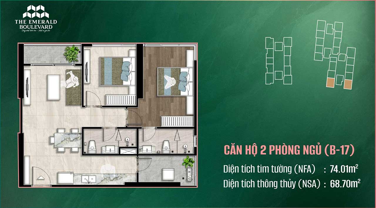Layout căn hộ 2 phòng ngủ The Emerald Boulevard