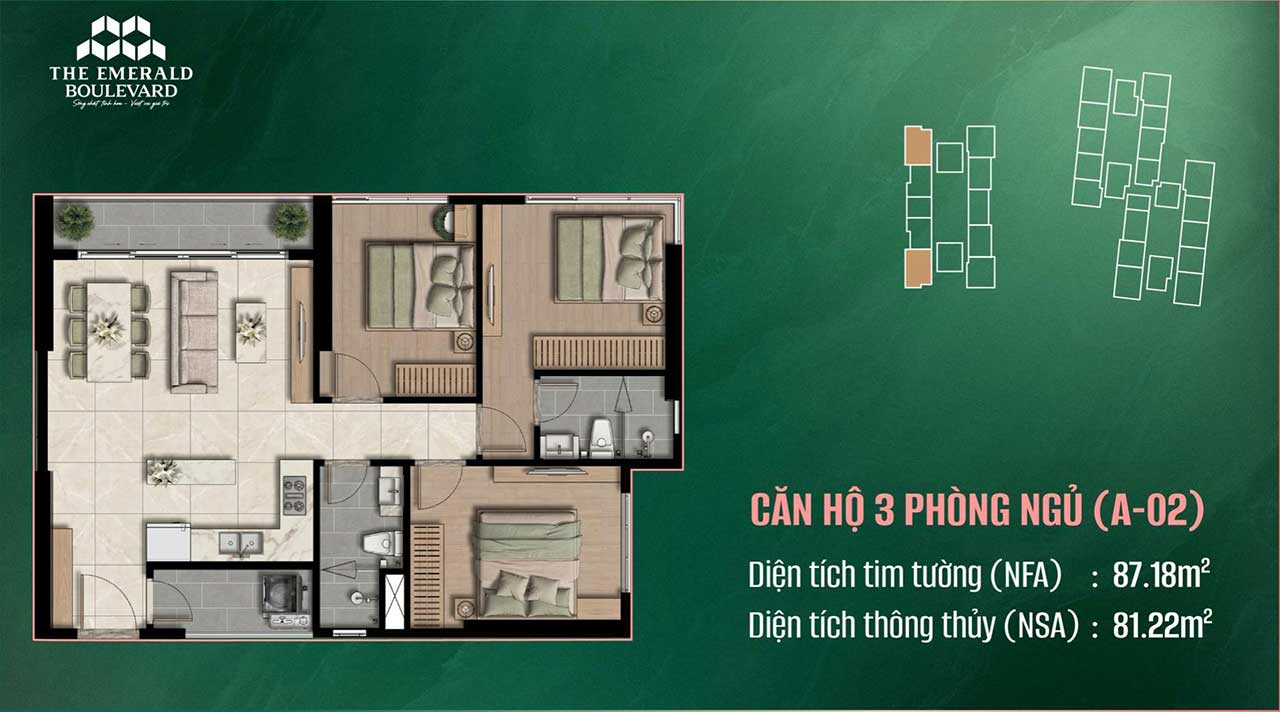 Layout căn hộ 3 phòng ngủ The Emerald Boulevard