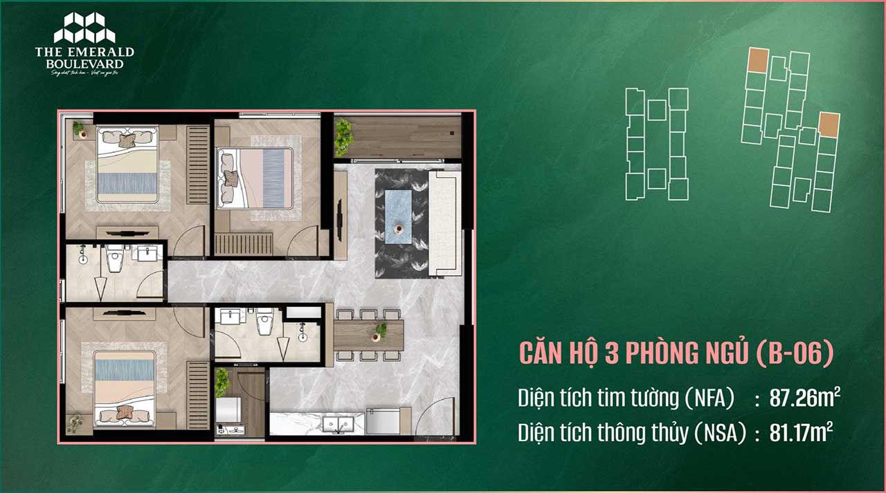 Layout căn hộ 3 phòng ngủ The Emerald Boulevard
