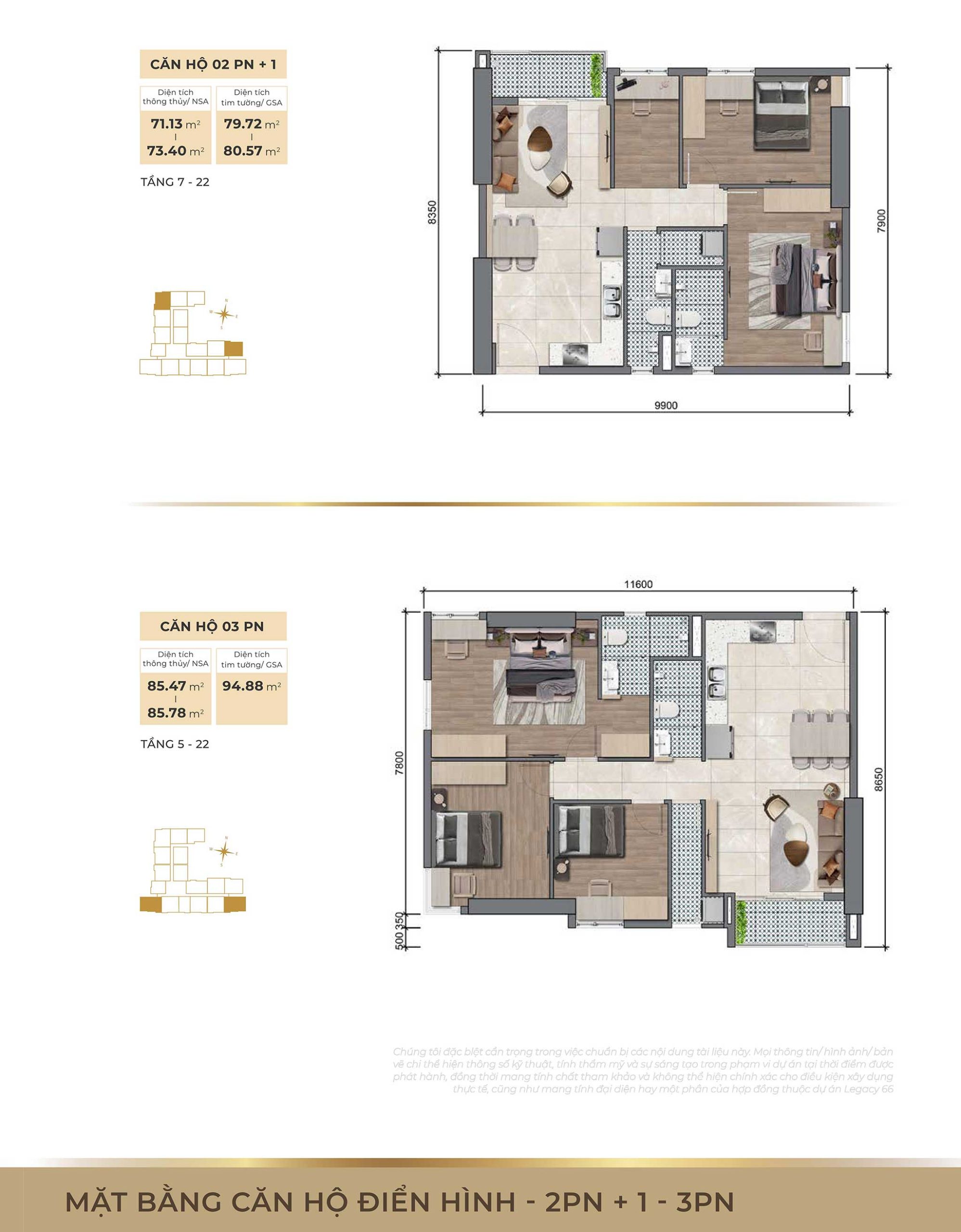 Layout căn hộ 3 phòng ngủ Legacy 66 Tân Thành