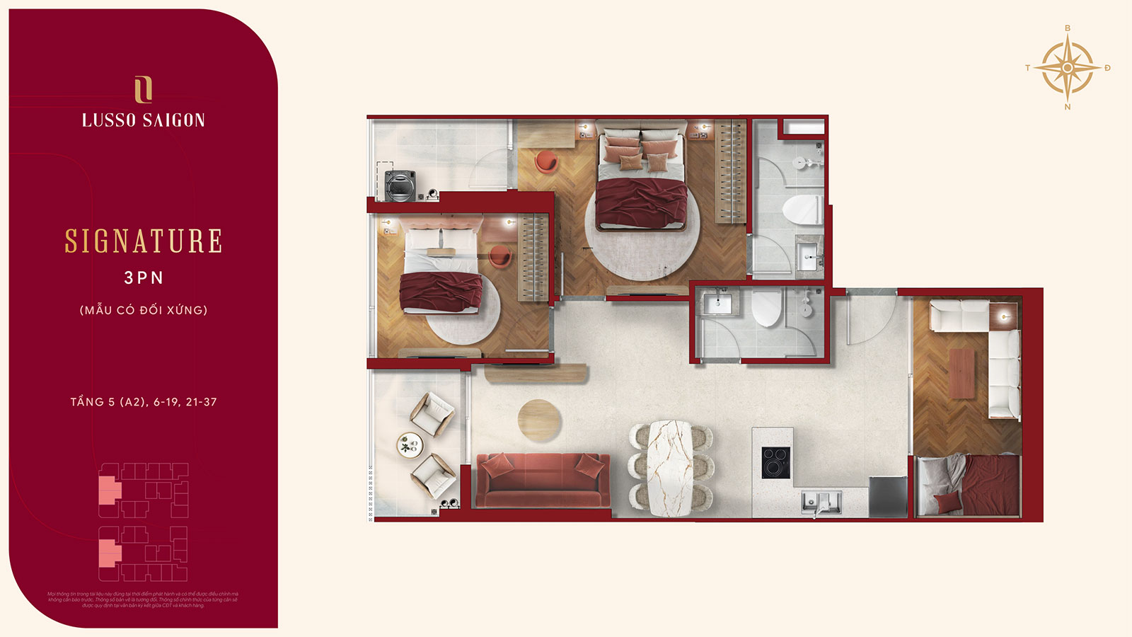 Căn hộ Signature 3 phòng ngủ tại Lusso Saigon