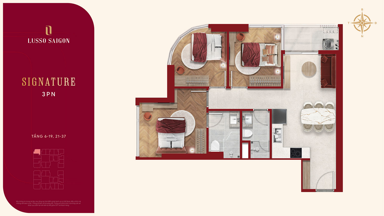 Căn hộ Signature 3 phòng ngủ tại Lusso Saigon