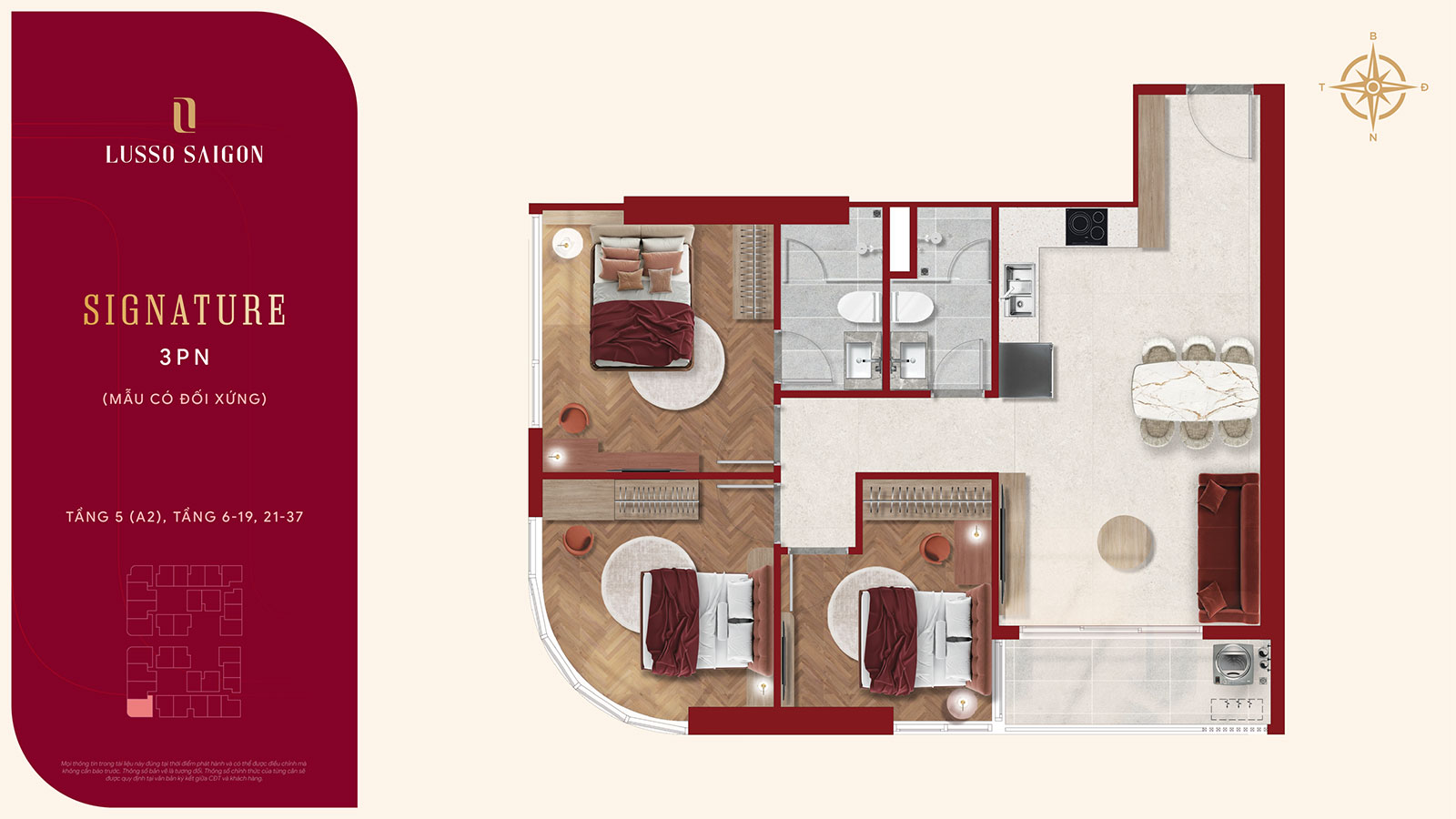 Căn hộ Signature 3 phòng ngủ tại Lusso Saigon