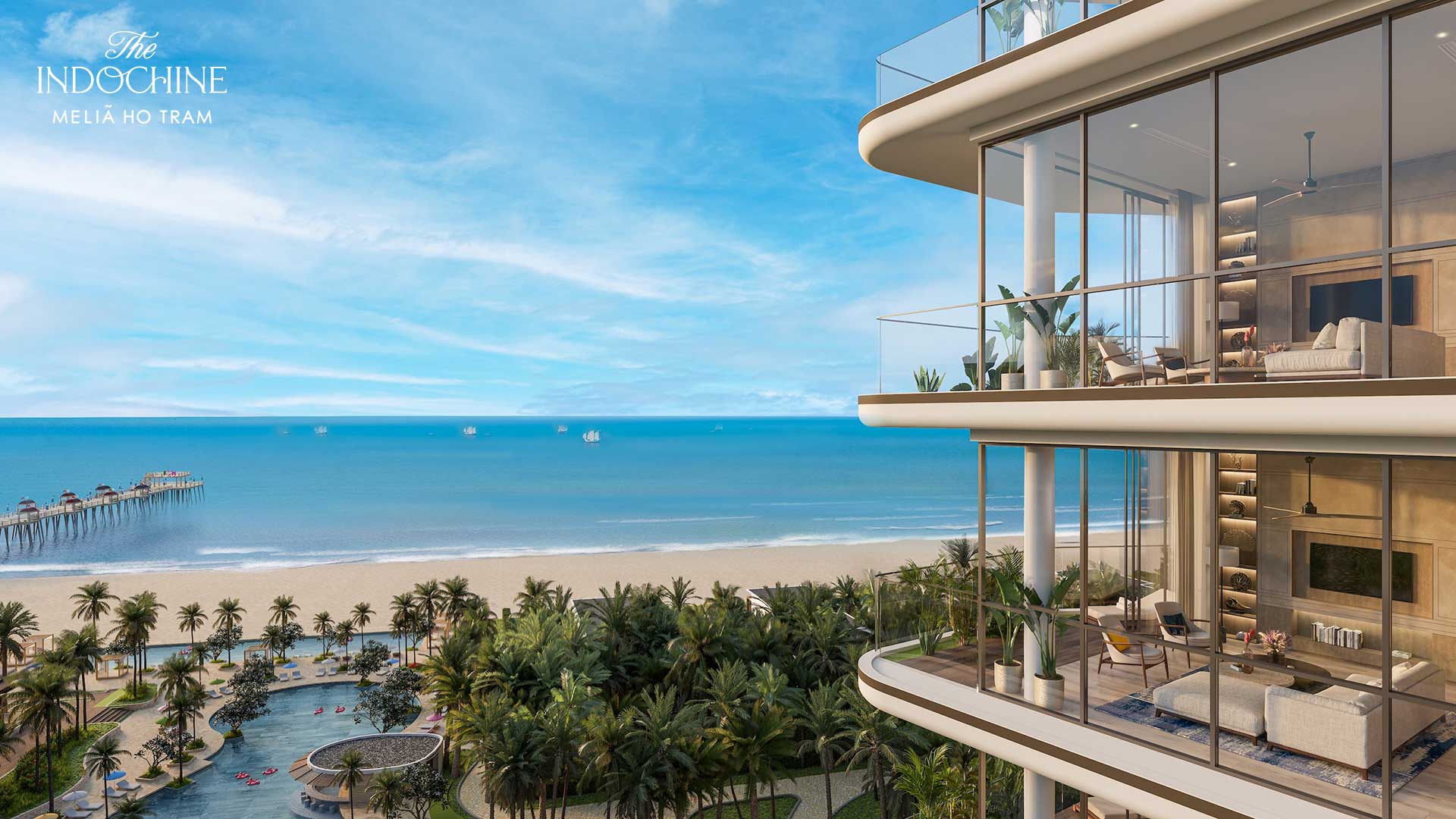 Phối cảnh căn hộ 3 phòng ngủ góc Residences The Indochine at Meliá Hồ Tràm