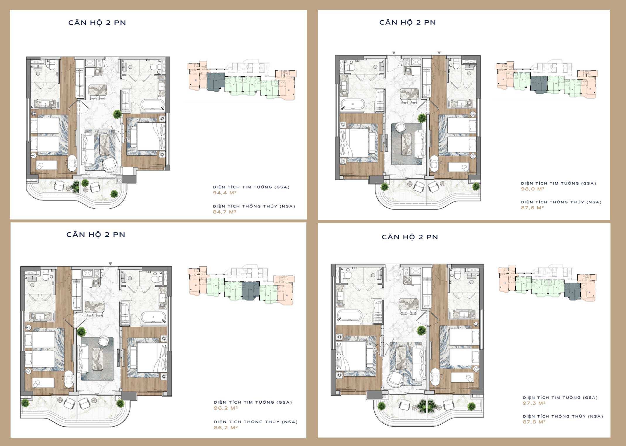 Layout căn hộ ResidenceThe Indochine at Meliá Hồ Tràm 2 phòng ngủ