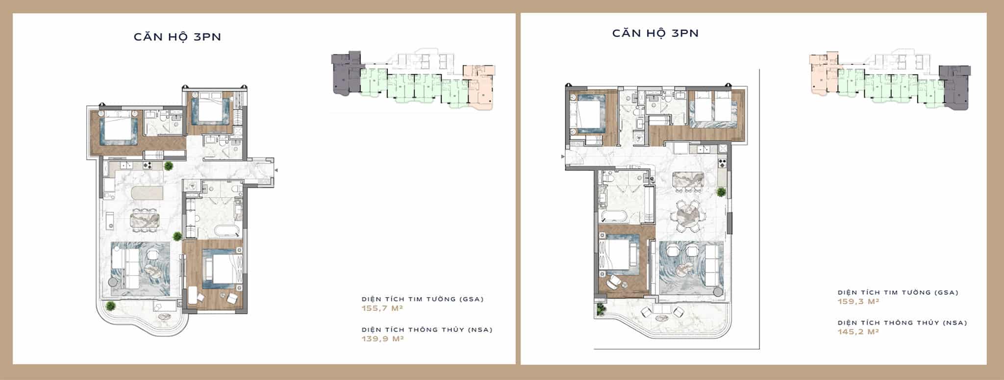 Layout căn hộ ResidenceThe Indochine at Meliá Hồ Tràm 3 phòng ngủ