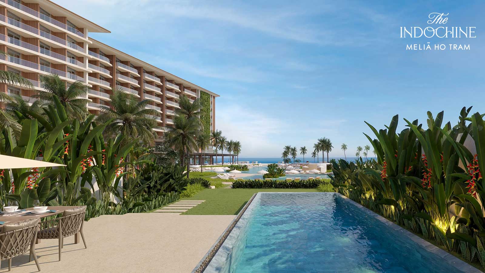 The Indochine at Meliá Hồ Tràm sở hữu không gian cảnh quan nhiệt đới cùng phong cách nghỉ dưỡng 5 sao