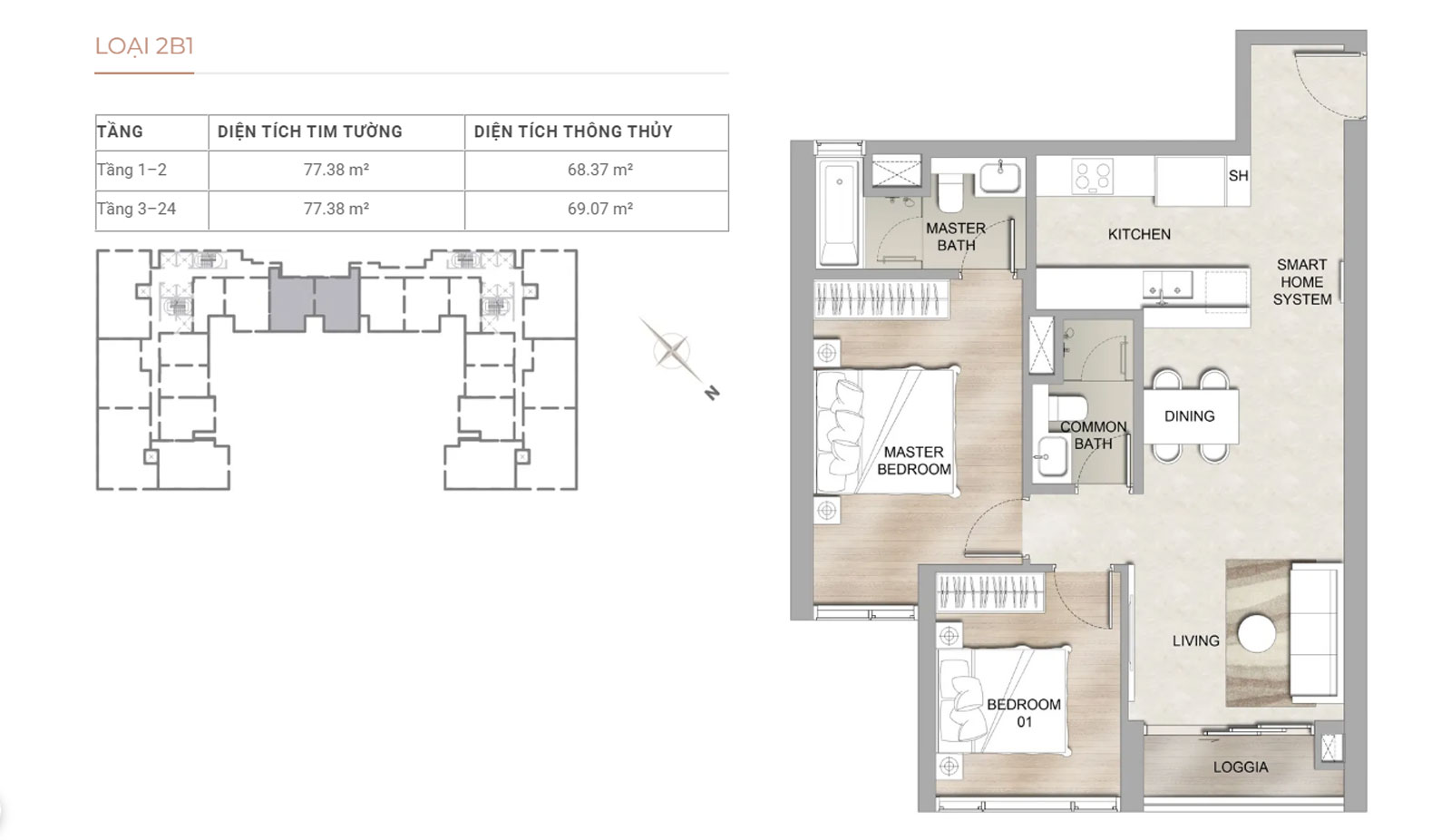 Layout Căn hộ 2 phòng ngủ The Marq