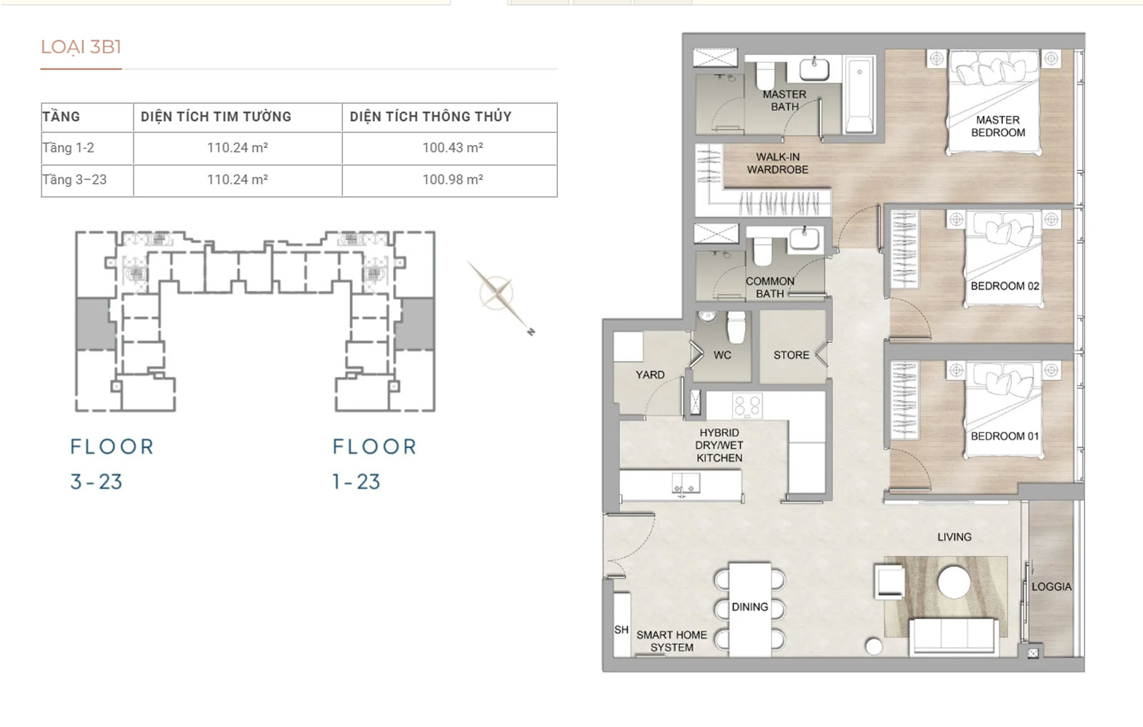 Layout căn hộ 3 phòng ngủ the marq quận 1