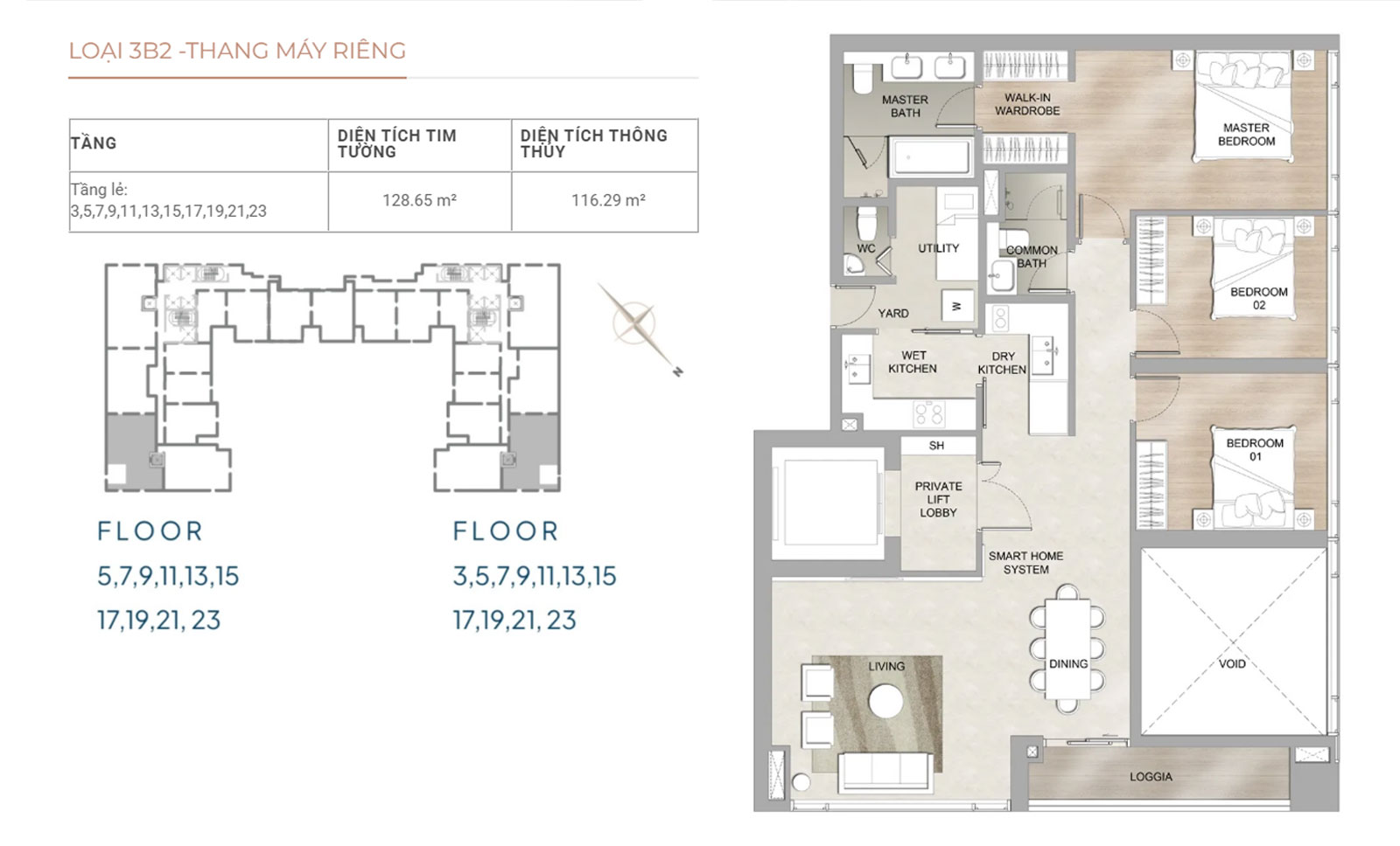 Layout căn hộ 3 phòng ngủ the marq quận 1