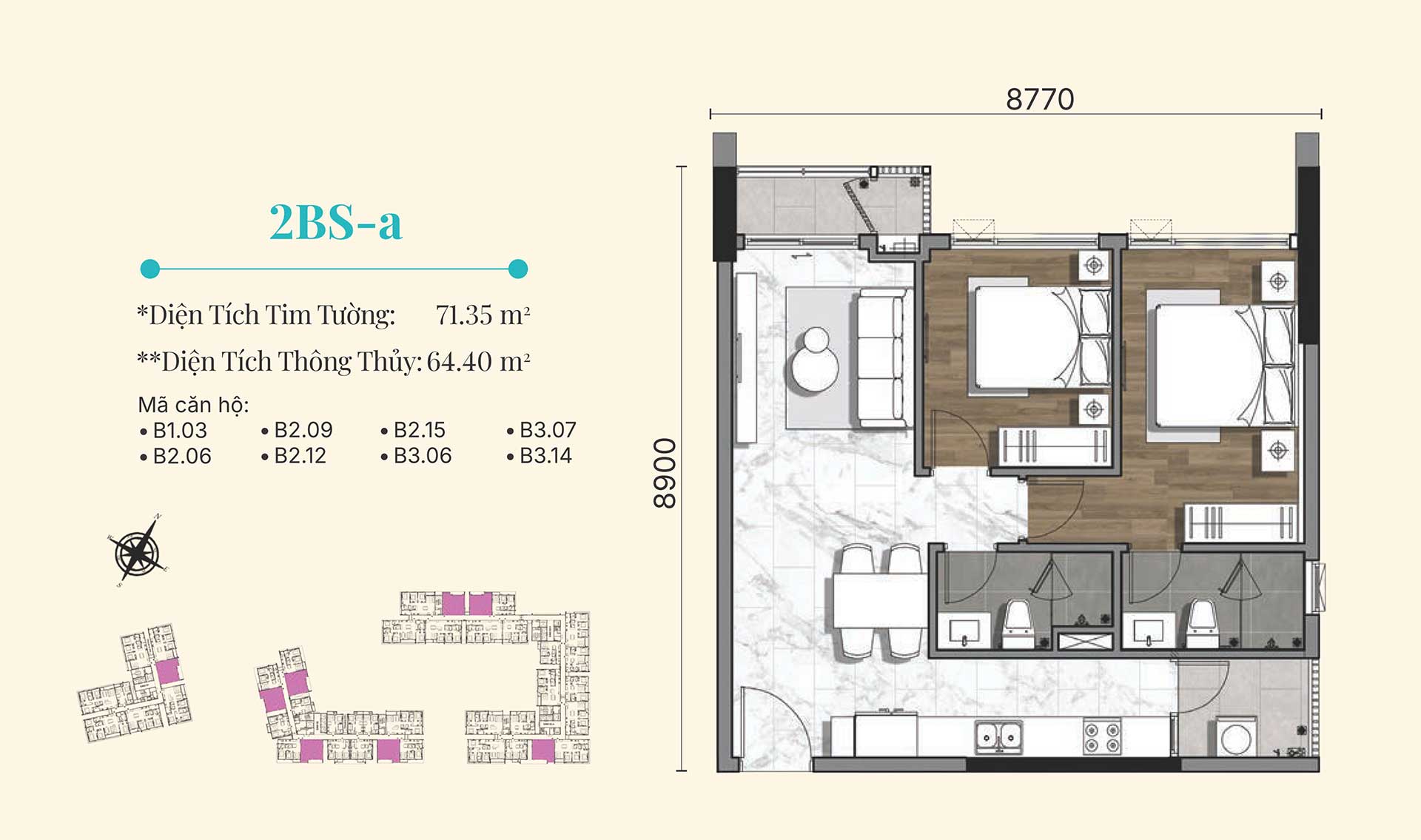 Layout Căn hộ 2 phòng ngủ Gladia Heights