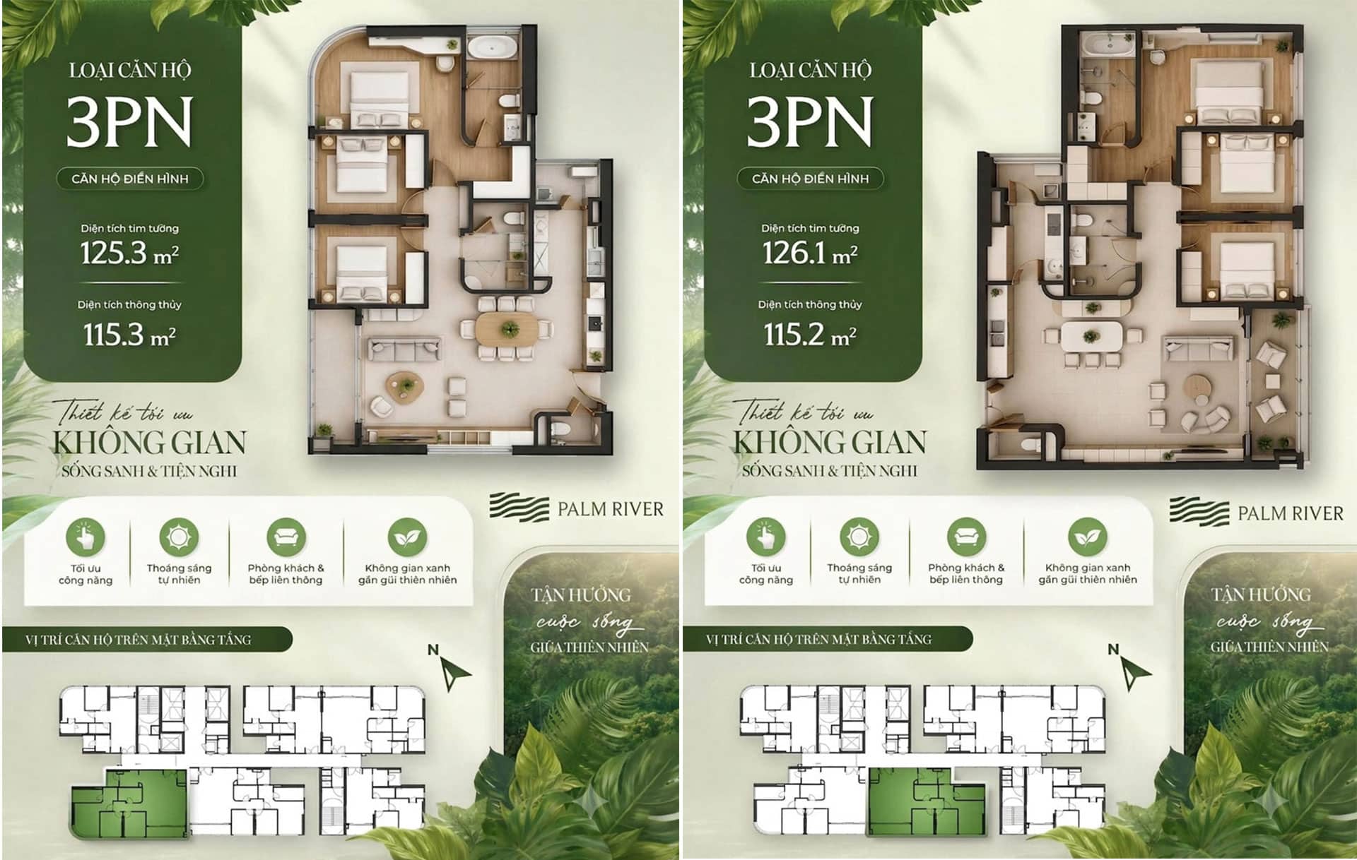Layout căn hộ 3 phòng ngủ Palm River