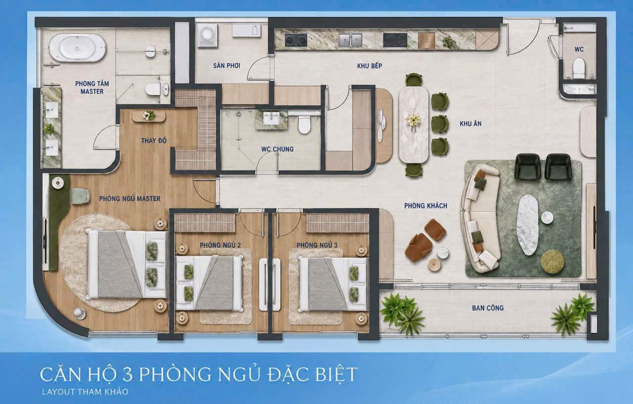 Layout căn hộ 3 phòng ngủ Palm River