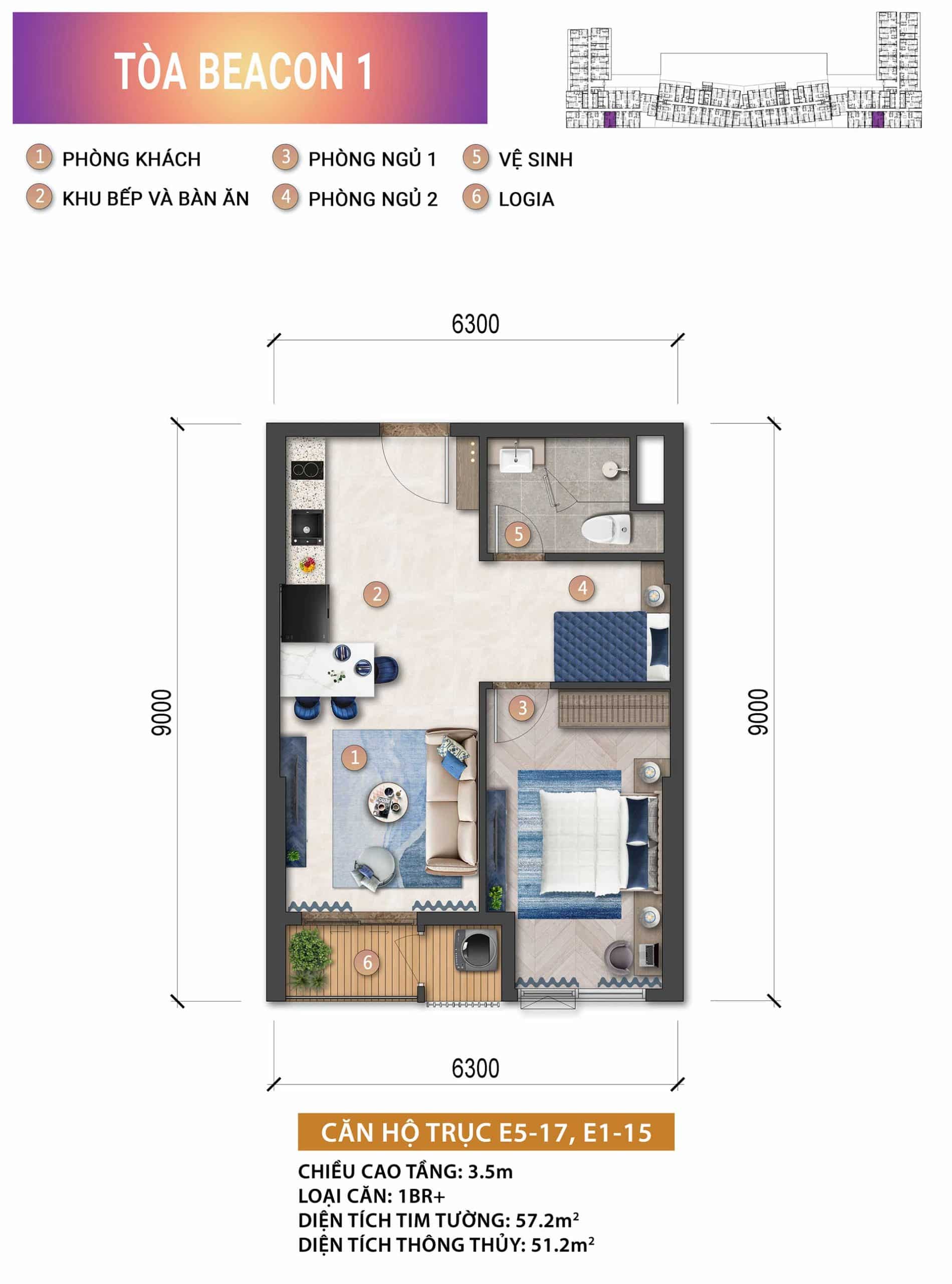 Layout căn hộ 1 phòng ngủ Beacon Tower 