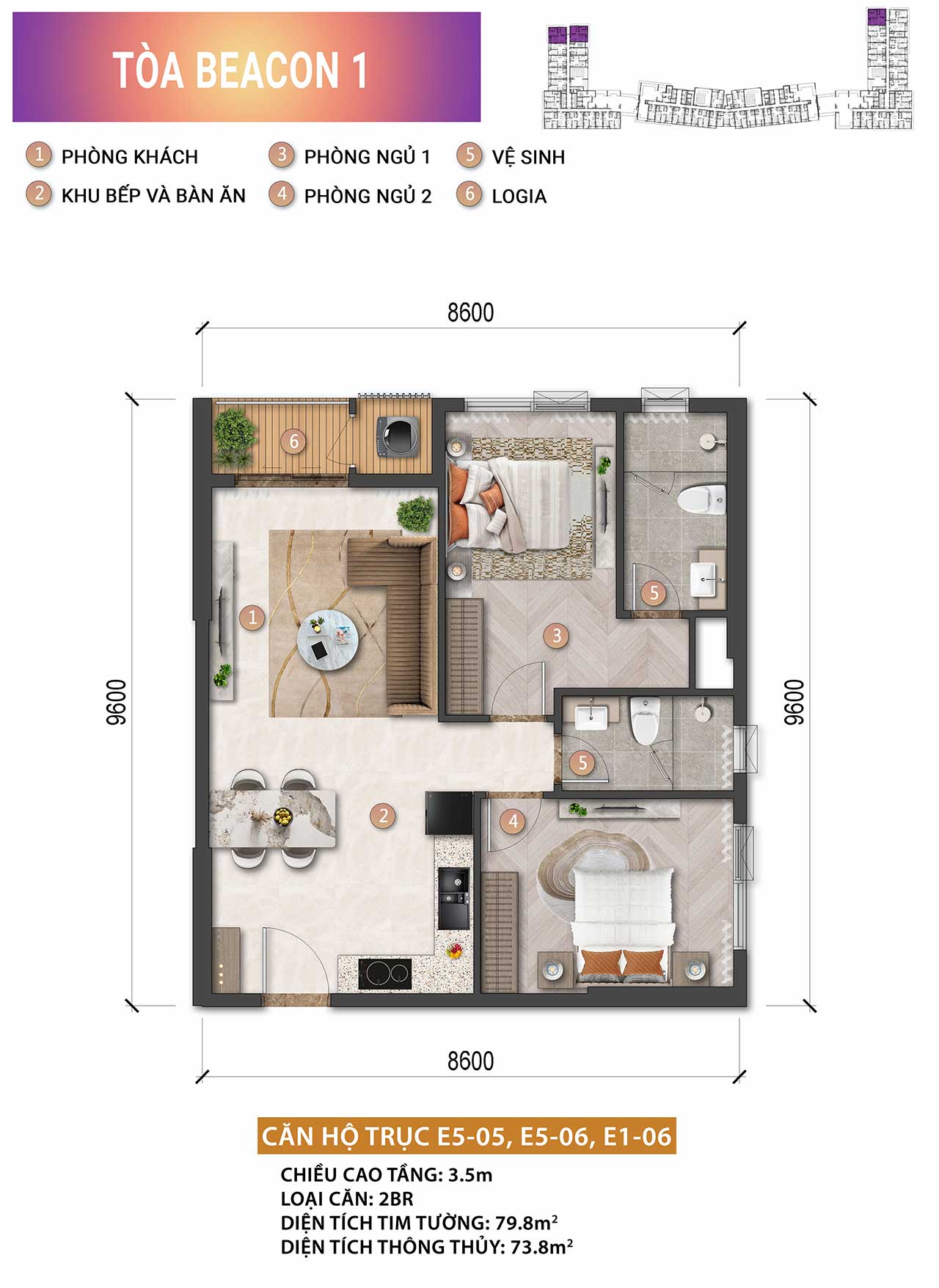 Layout căn hộ 2 phòng ngủ Beacon Tower 