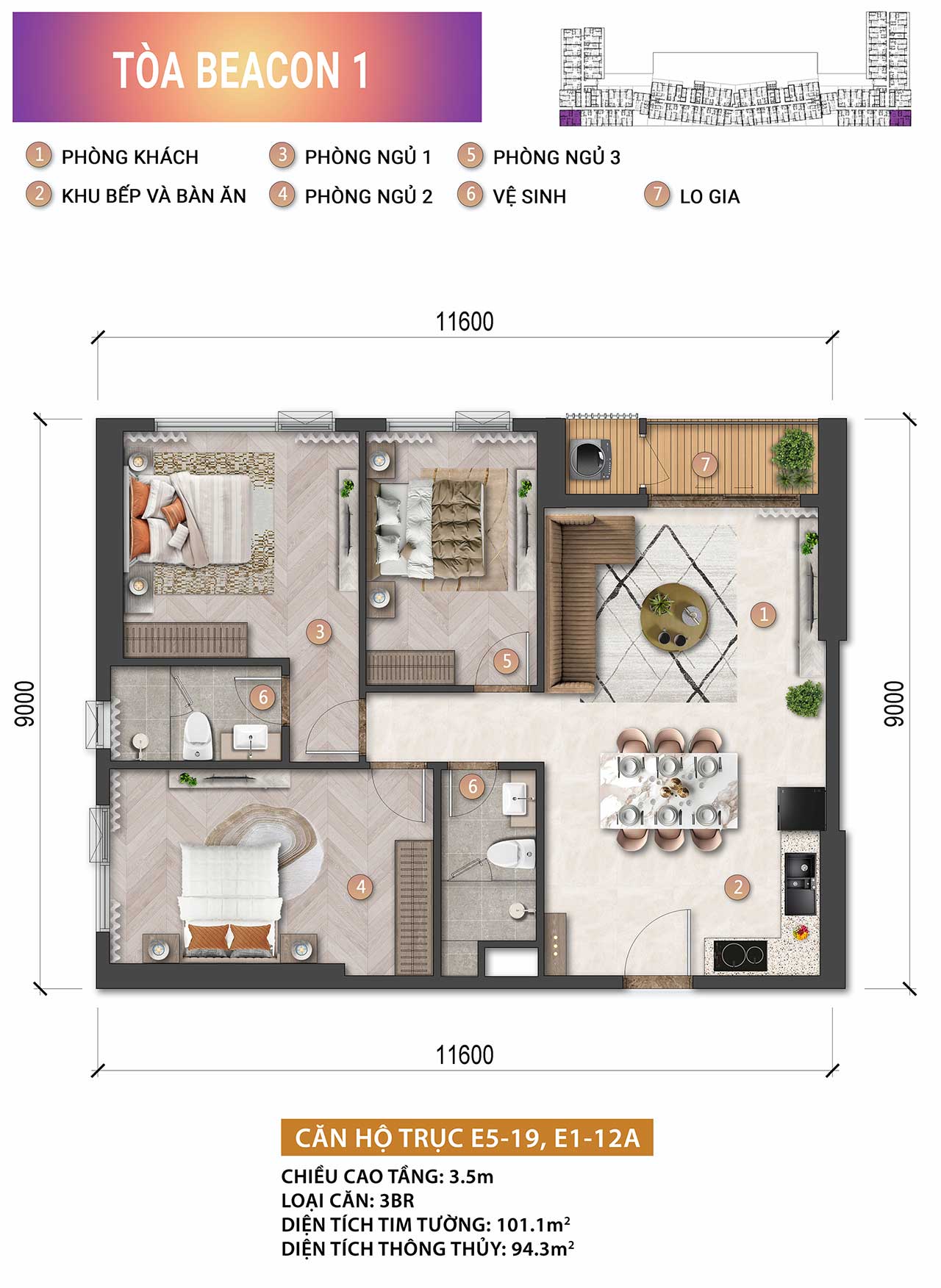 Layout căn hộ 3 phòng ngủ Beacon Tower 