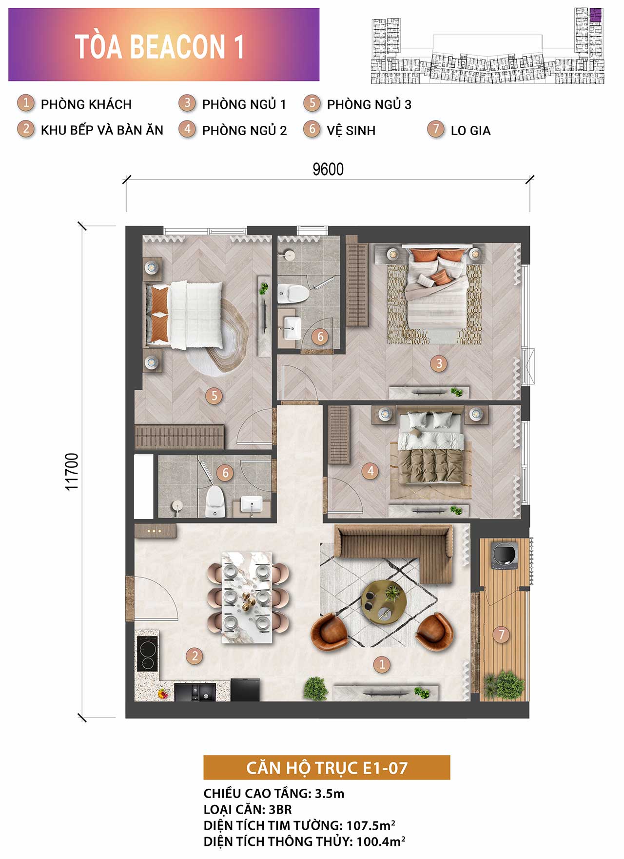 Layout căn hộ 3 phòng ngủ Beacon Tower 
