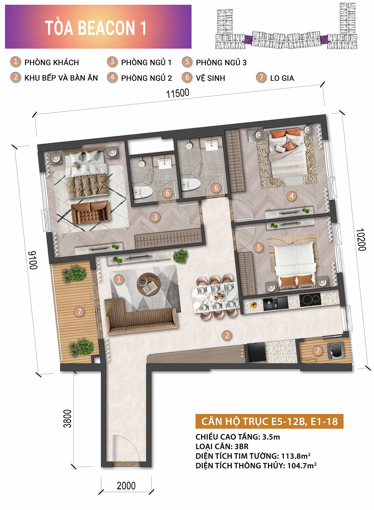 Layout căn hộ 3 phòng ngủ Beacon Tower 