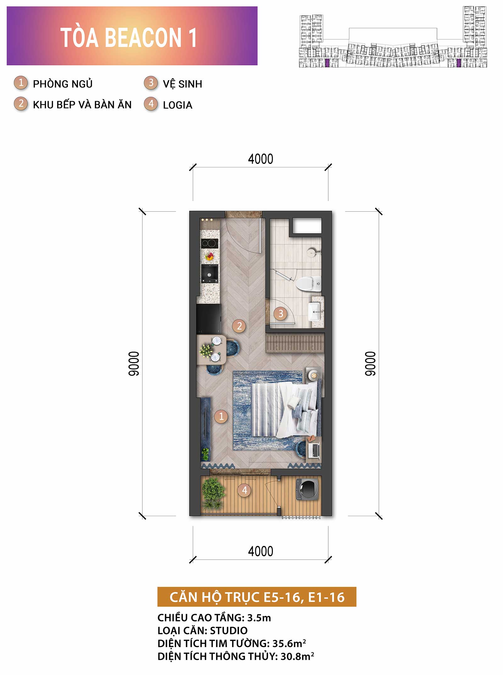 Layout căn hộ Studio Beacon Tower by Blanca City