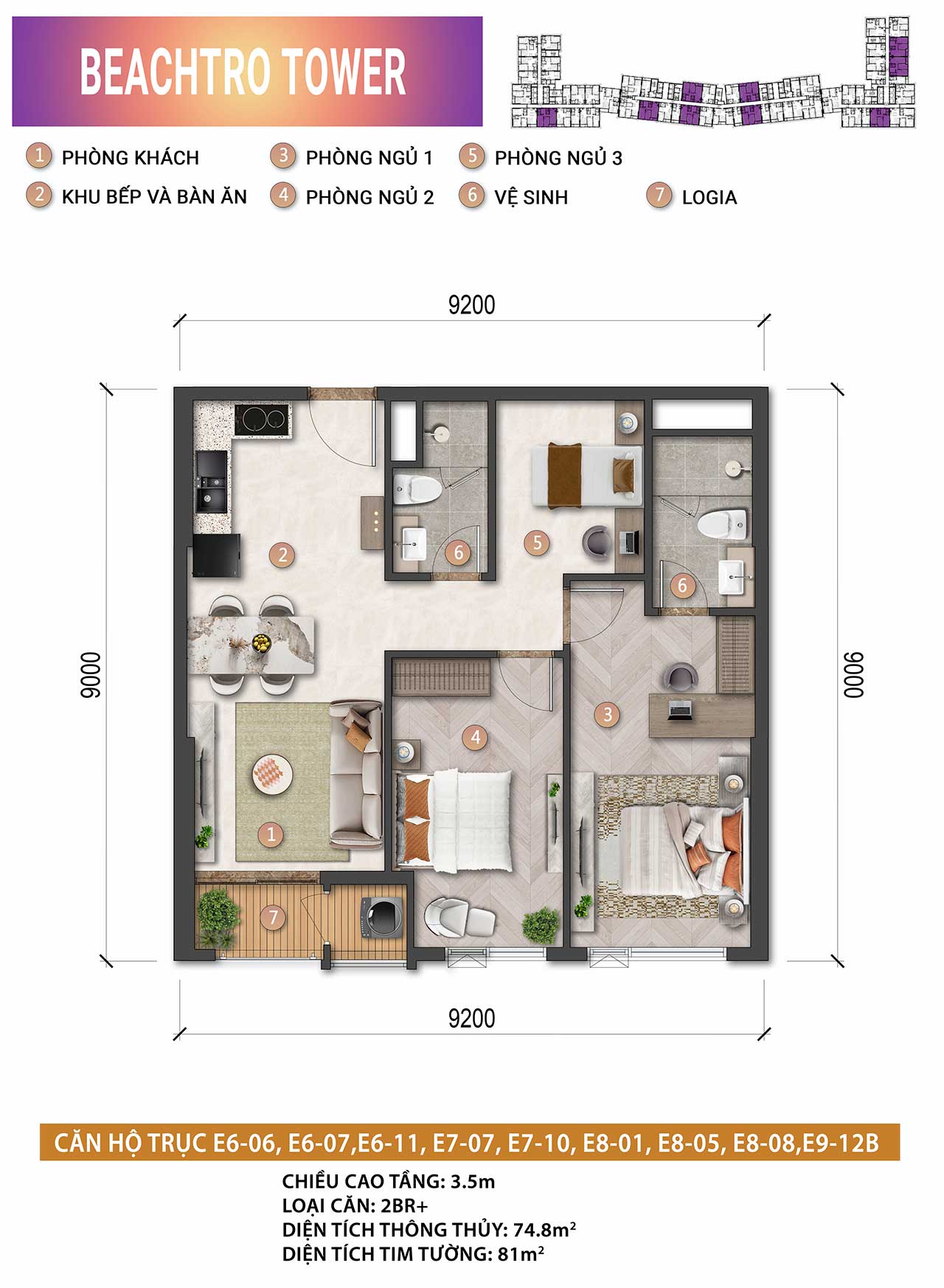 Layout căn hộ BeachTro Tower - Căn hộ mặt biển sở hữu lâu dài tại Blanca City
