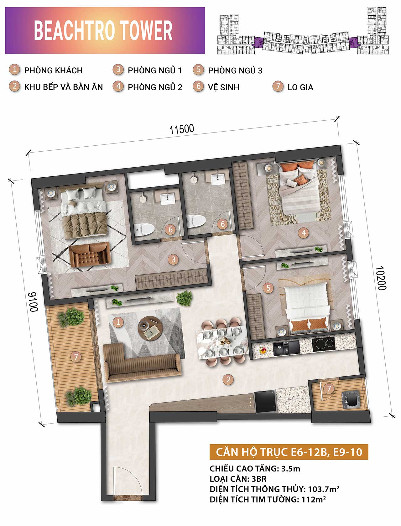 Layout căn hộ BeachTro Tower - Căn hộ mặt biển sở hữu lâu dài tại Blanca City