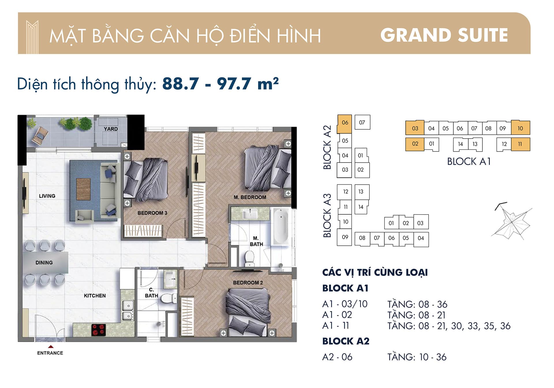 Layout mặt bằng 3 Phòng ngủ The Grand Manhattan