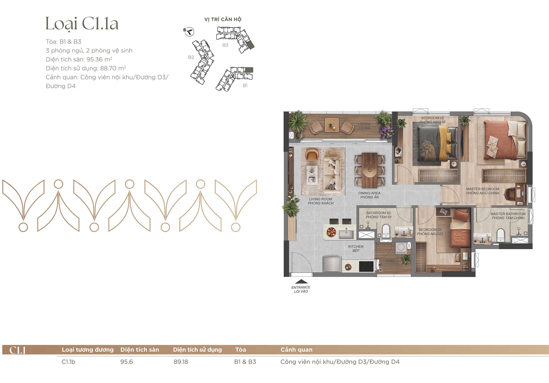 Layout căn hộ 3 phòng ngủ Norton Park by Gamuda Land