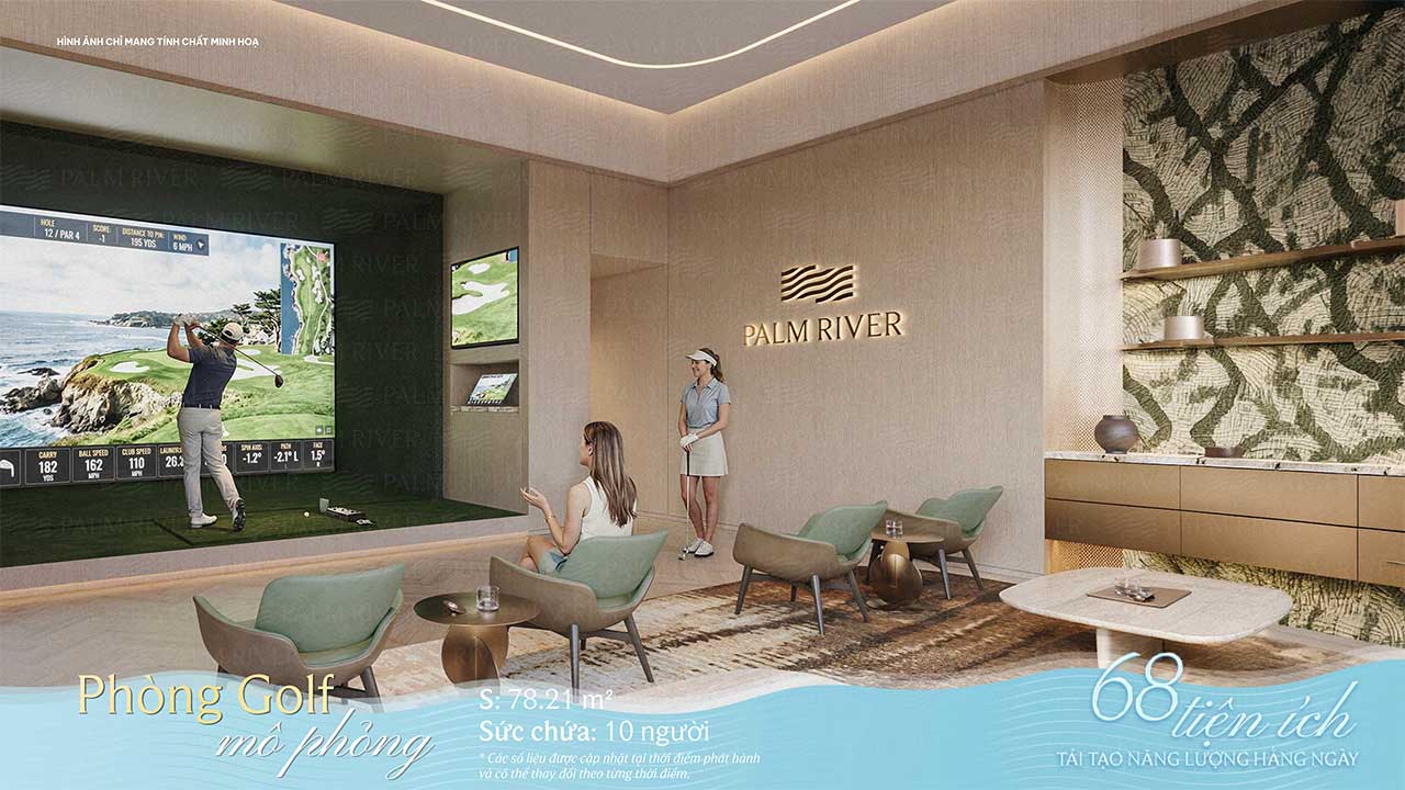Phòng Golf mô phỏng có diện tích khoảng 78,21 m², sức chứa 10 người theo tài liệu training dự án.